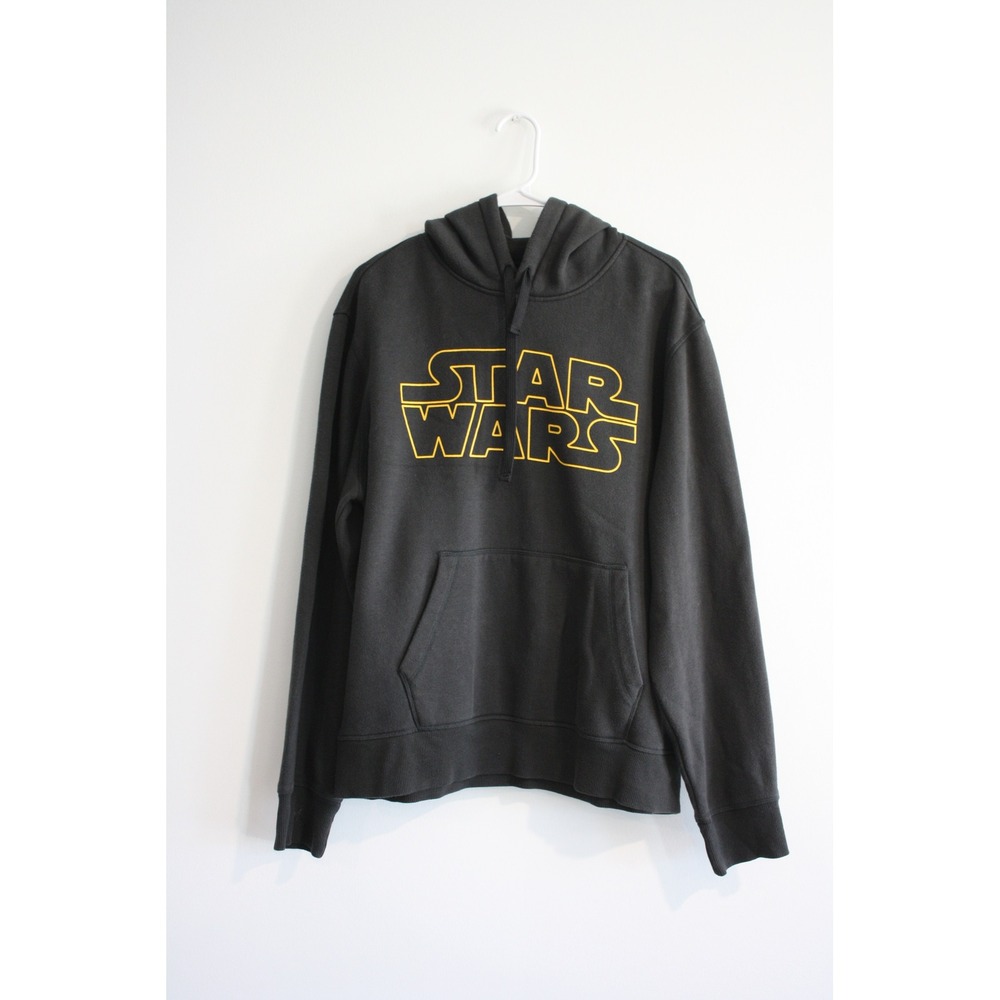 Star Wars Logo Hoodie Mens Large Black Yellow Graphic Pullover Sci-fi Streetwear